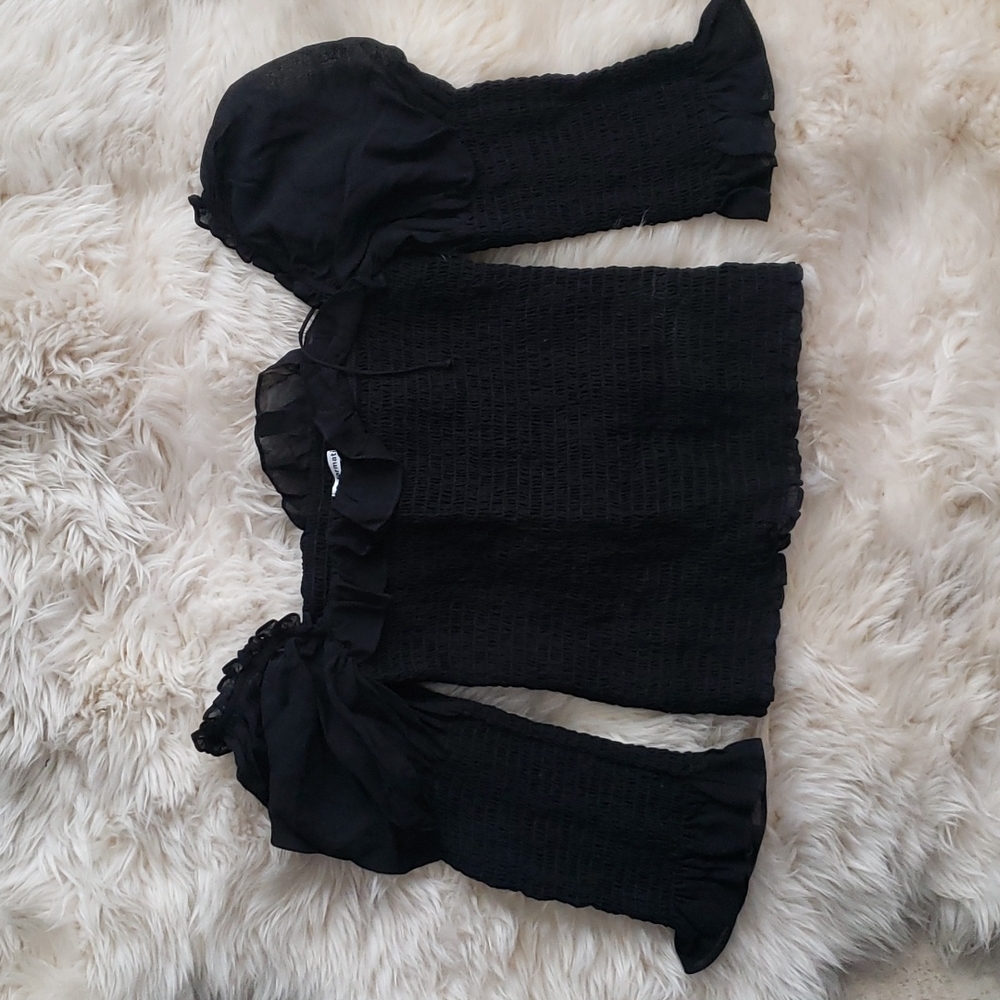 Reformation Julie Smock Top Black Fitted Long Sleeve Top - Picture 3 of 16